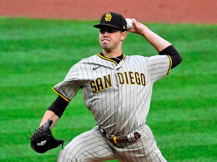 May 4, 2022; Cleveland, Ohio, USA; San Diego Padres starting pitcher MacKenzie Gore (1) delivers a pitch in the fourth inning against the Cleveland Guardians at Progressive Field.